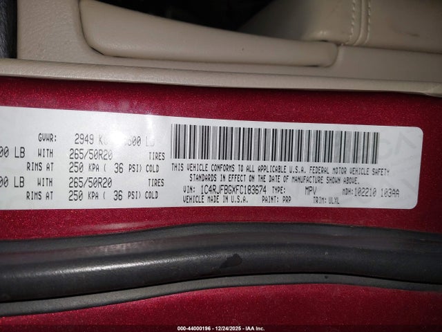 1C4RJFBGXFC183674 Jeep Grand Cherokee Limited