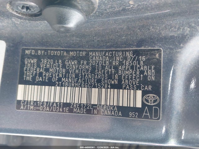 2016 TOYOTA COROLLA 2T1BURHE6GC715284 Photo 8