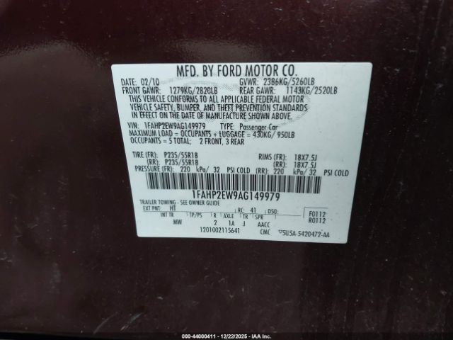 2010 FORD TAURUS 1FAHP2EW9AG149979 Photo 8