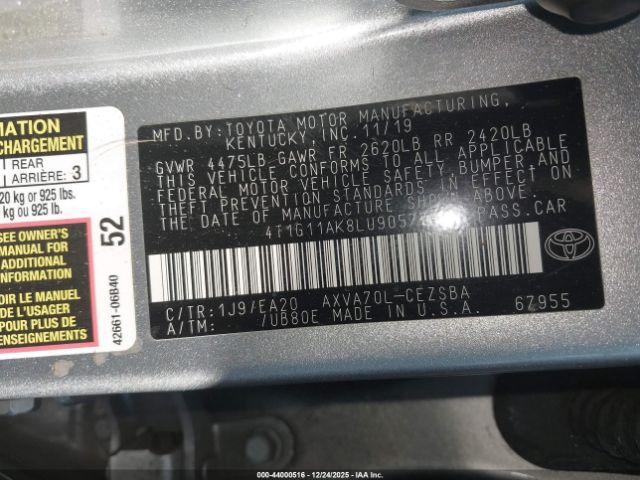 2020 TOYOTA CAMRY 4T1G11AK8LU905774 Photo 8