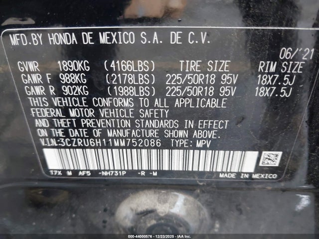 3CZRU6H11MM752086 Honda Hr-v Awd Sport