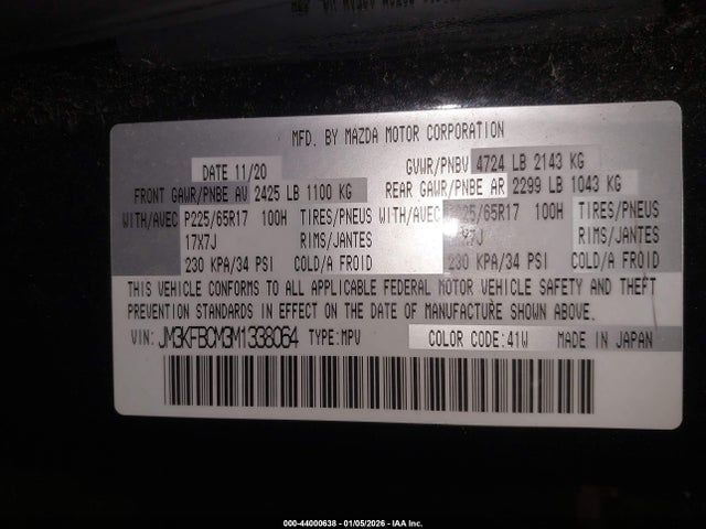 44000638 :رقم المزاد ، JM3KFBCM3M1338064 vin ، 2021 Mazda Cx-5 Touring مزاد بيع