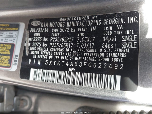 5XYKT4A63FG622492 KIA SORENTO LX