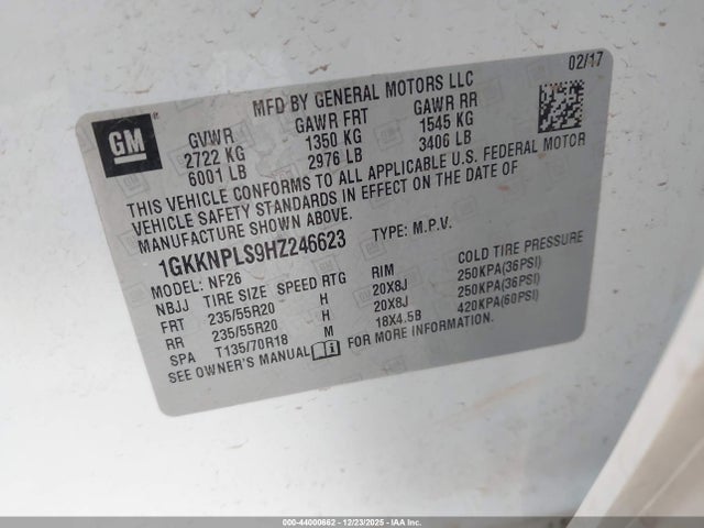 44000662 :رقم المزاد ، 1GKKNPLS9HZ246623 vin ، 2017 Gmc Acadia Denali مزاد بيع