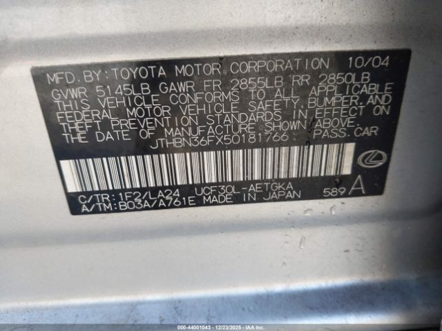 2005 LEXUS LS 430 JTHBN36FX50181766 Photo 8