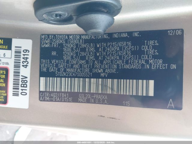 2007 TOYOTA SIENNA 5TDZK23C47S005521 Photo 8