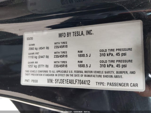 2020 TESLA MODEL 3 5YJ3E1EA8LF704412 Photo 8