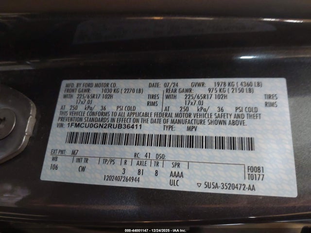 Aukcja sprzedaży 2024 Ford Escape Active, vin: 1FMCU0GN2RUB36411, numer aukcji: 44001147
