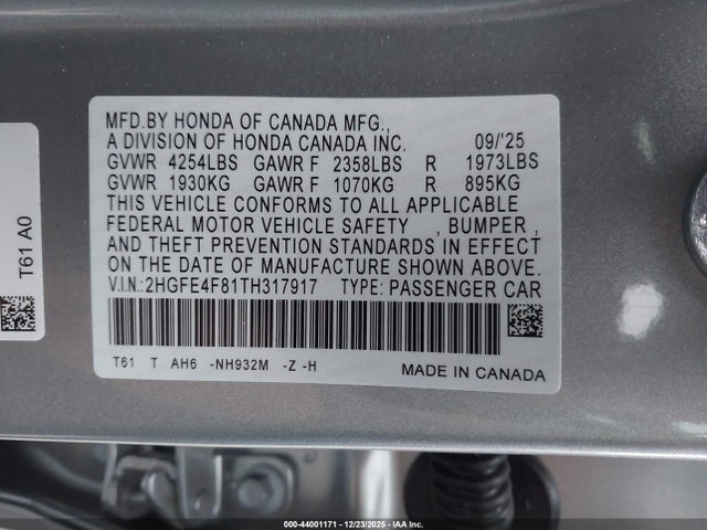 44001171 :رقم المزاد ، 2HGFE4F81TH317917 vin ، 2026 Honda Civic Hybrid Sport/sport Touring مزاد بيع