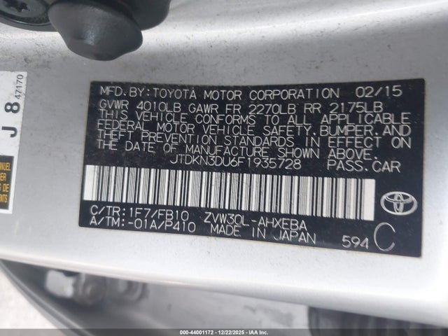 JTDKN3DU6F1935728 Toyota Prius Two