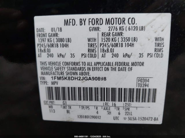 1FM5K8DH2JGA90898 Ford EXPLORER XLT