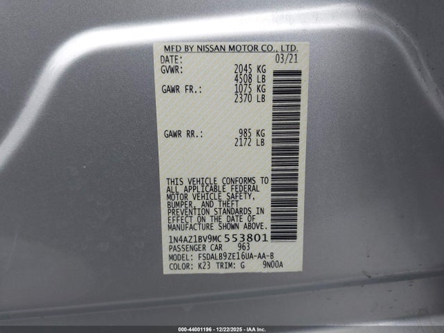 1N4AZ1BV9MC553801 Nissan Leaf S 40 Kwh