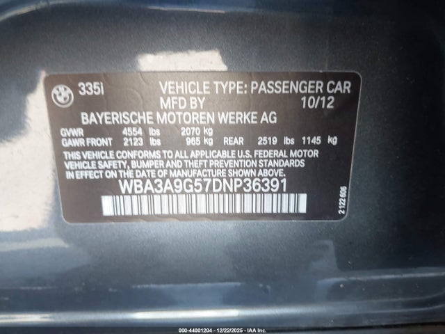 Продажа на аукционе авто 2013 Bmw 335i, vin: WBA3A9G57DNP36391, номер лота: 44001204