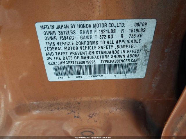 2009 HONDA FIT JHMGE87429S075693 Photo 8