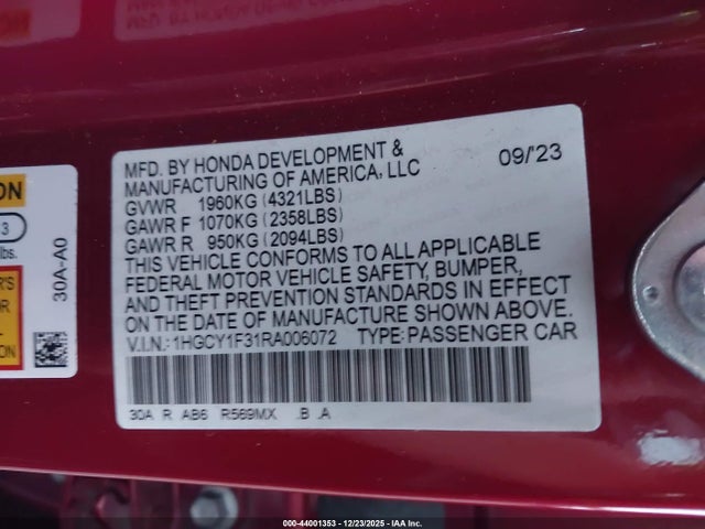 1HGCY1F31RA006072 Honda ACCORD EX