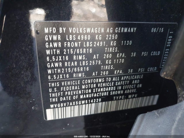 Продажа на аукционе авто 2016 Volkswagen Tiguan S, vin: WVGBV7AX5GW514220, номер лота: 44001356
