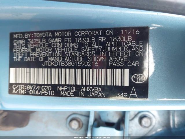 JTDKDTB38G1590216 Toyota Prius C Two