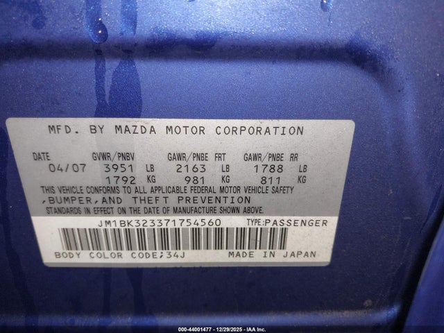 44001477 :رقم المزاد ، JM1BK323371754560 vin ، 2007 Mazda Mazda3 S Touring مزاد بيع