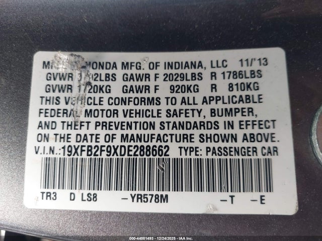 2013 Honda Civic Ex-l მანქანა იყიდება აუქციონზე, vin: 19XFB2F9XDE288662, აუქციონის ნომერი: 44001493