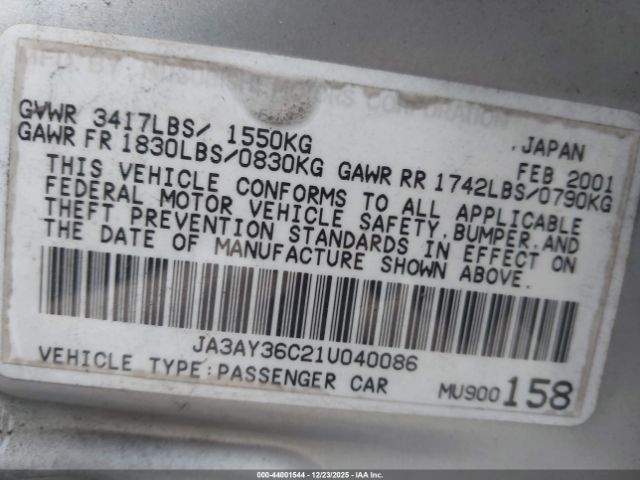 2001 MITSUBISHI MIRAGE JA3AY36C21U040086 Photo 8