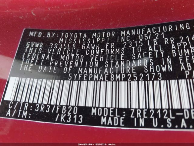 2021 TOYOTA COROLLA 5YFEPMAE8MP252173 Photo 8