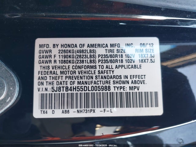 44001552 :رقم المزاد ، 5J8TB4H55DL005988 vin ، 2013 Acura Rdx مزاد بيع