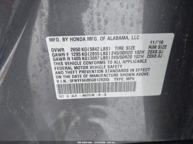 5FNYF6H00GB128355 Honda Pilot Elite