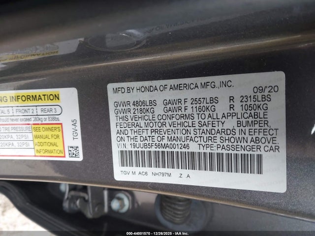 44001570 :رقم المزاد ، 19UUB5F56MA001246 vin ، 2021 Acura Tlx A-spec Package مزاد بيع