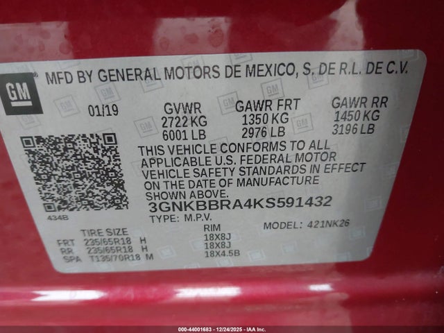 44001683 :رقم المزاد ، 3GNKBBRA4KS591432 vin ، 2019 Chevrolet Blazer مزاد بيع