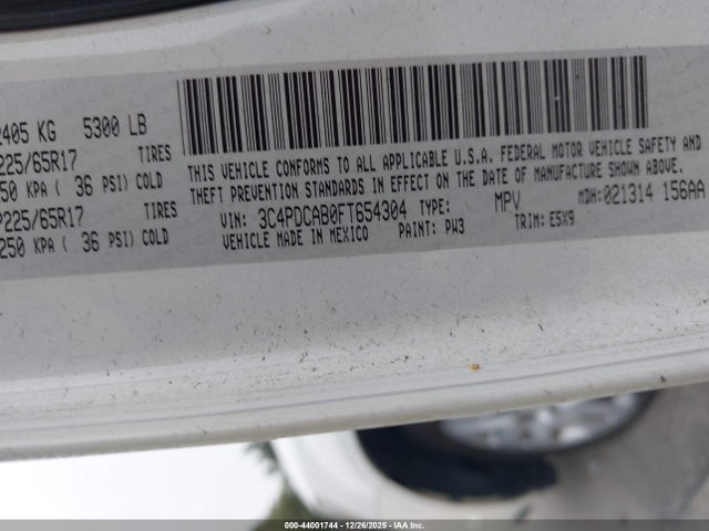 44001744 :رقم المزاد ، 3C4PDCAB0FT654304 vin ، 2015 Dodge Journey American Value Pkg مزاد بيع