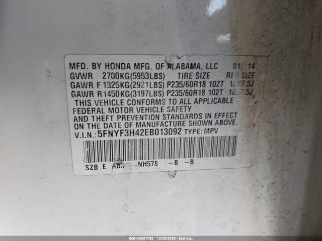 Honda Pilot Ex 2014 5FNYF3H42EB013092 Image 9