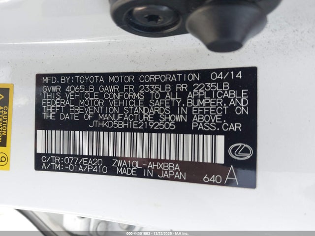JTHKD5BH1E2192505 Lexus CT 200H