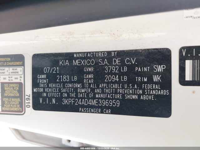 3KPF24AD4ME396959 KIA Forte Lxs