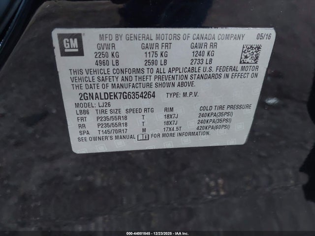 Продаж на аукціоні авто 2016 Chevrolet Equinox Ltz, vin: 2GNALDEK7G6354264, номер лоту: 44001845
