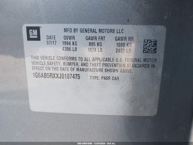 44001949 :رقم المزاد ، 1G6AB5RXXJ0107475 vin ، 2018 Cadillac Ats Luxury مزاد بيع