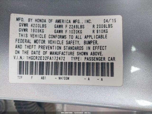 Honda ACCORD LX 2015 1HGCR2E32FA172472 Image 9