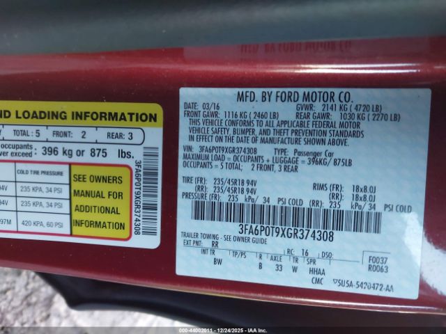 2016 FORD FUSION 3FA6P0T9XGR374308 Photo 8