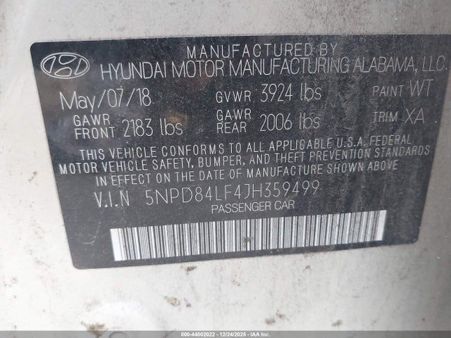 5NPD84LF4JH359499 Hyundai ELANTRA SEL