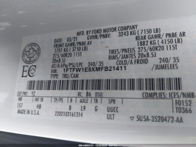 1FTFW1E8XMFB21411 Ford F-150 Lariat