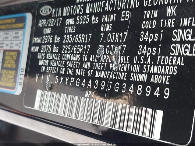 5XYPG4A39JG348949 KIA Sorento 2.4l Lx
