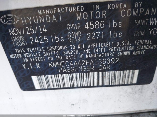 2015 Hyundai Sonata Hybrid Limited მანქანა იყიდება აუქციონზე, vin: KMHEC4A42FA136392, აუქციონის ნომერი: 44002285