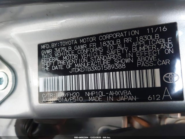 JTDKDTB3XG1589388 Toyota Prius C One