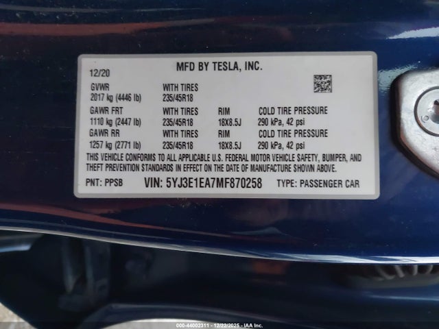 2021 TESLA MODEL 3 5YJ3E1EA7MF870258 Photo 8