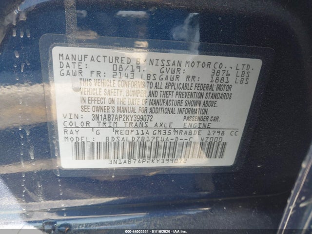 Nissan SENTRA SV 2019 3N1AB7AP2KY399072 Image 9