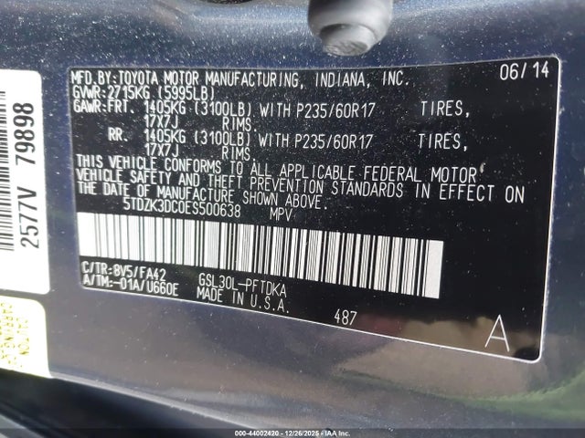 Aukcja sprzedaży 2014 Toyota Sienna L V6 7 Passenger, vin: 5TDZK3DC0ES500638, numer aukcji: 44002420