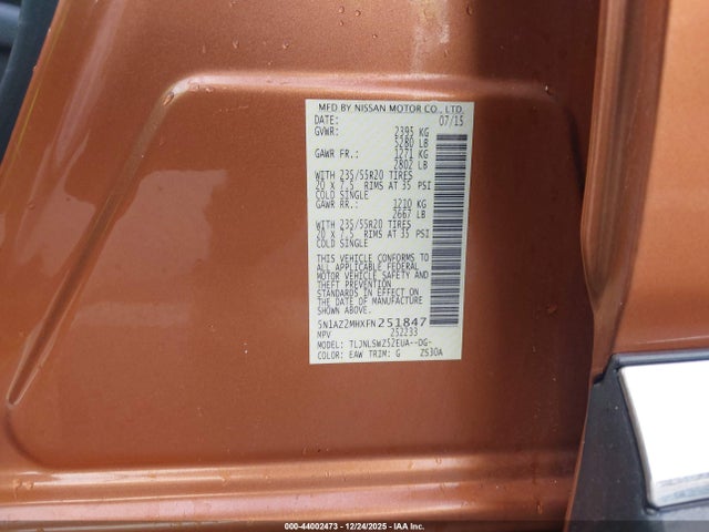 5N1AZ2MHXFN251847 Nissan Murano Platinum