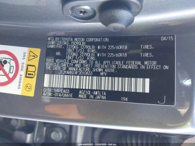 44002552 :رقم المزاد ، JTJYARBZ4F2010833 vin ، 2015 Lexus Nx 200t مزاد بيع
