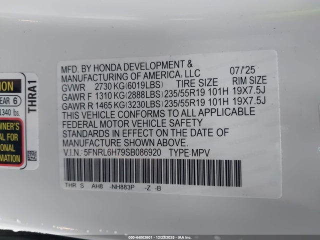5FNRL6H79SB086920 Honda Odyssey Sport-l