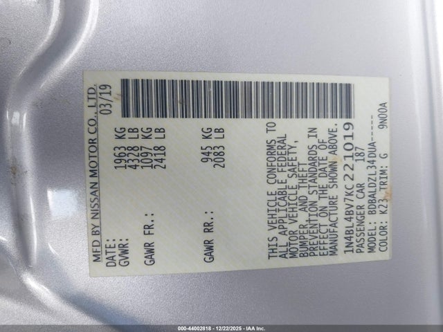 Nissan Altima 2.5 S 2019 1N4BL4BV7KC221019 Image 9