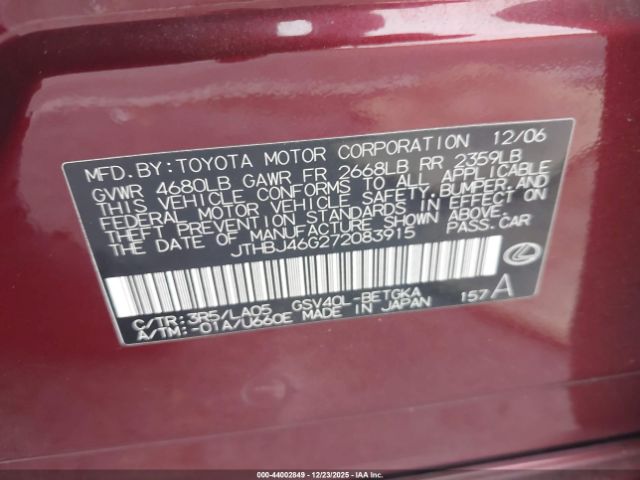 2007 LEXUS ES 350 JTHBJ46G272083915 Photo 8